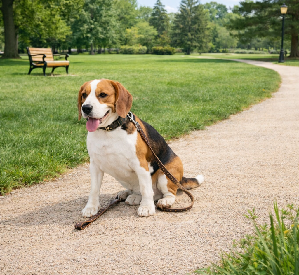 Tyler, my beagle, sitting happily in the park on a sunny day